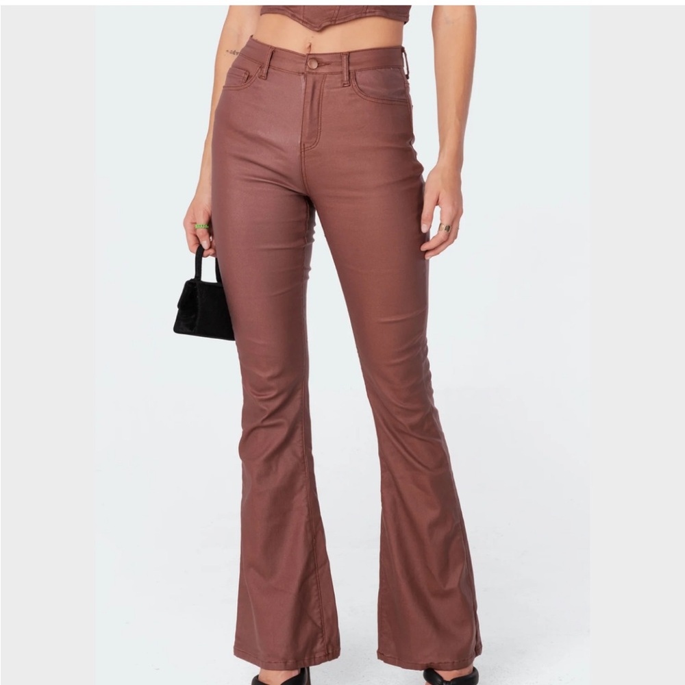 Edikted Luna Faux Leather Flare Jeans (Brown, Medium)